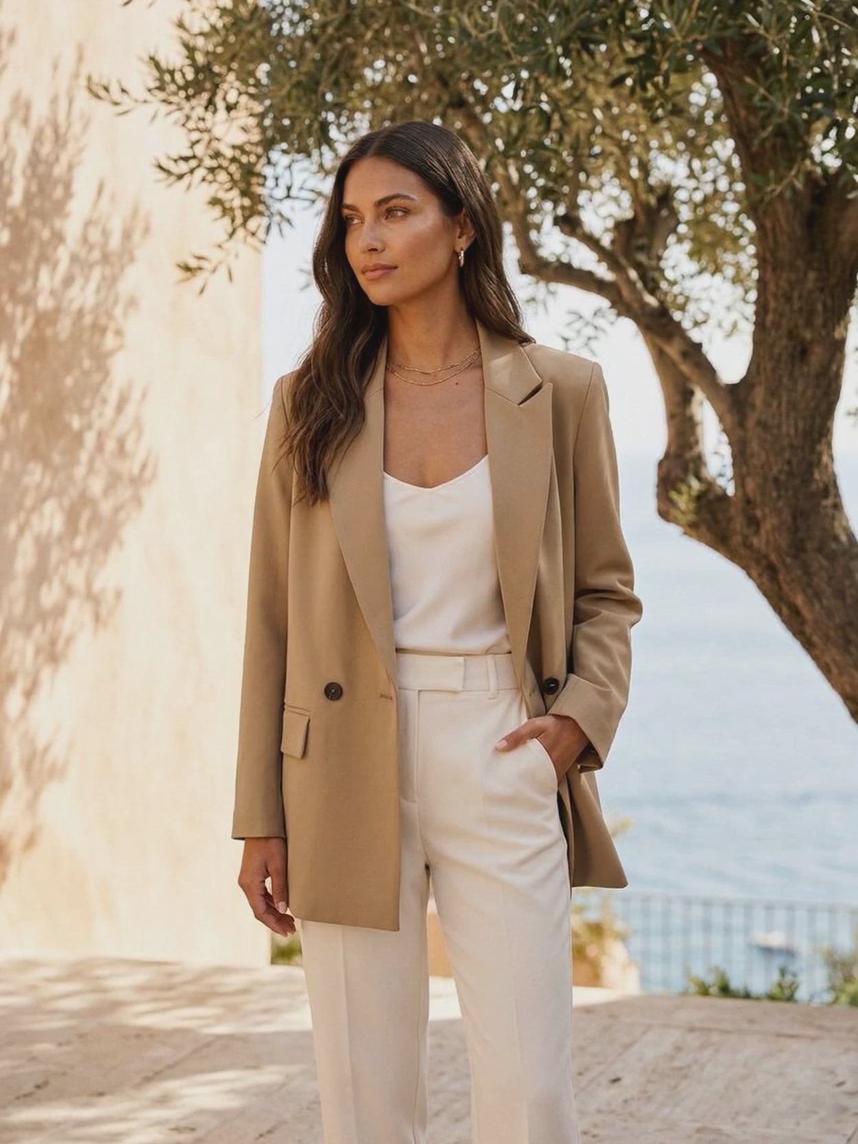 The Portofino camel blazer in motion