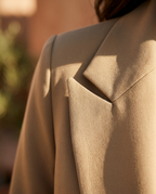 Camel blazer fabric and lapel detail